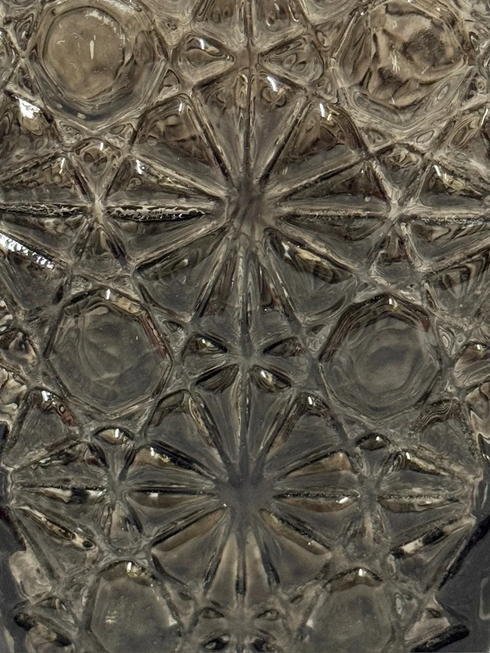 Vintage Smoky Gray Pressed Glass Decanter Bottle - Starburst Pinwheel Pattern